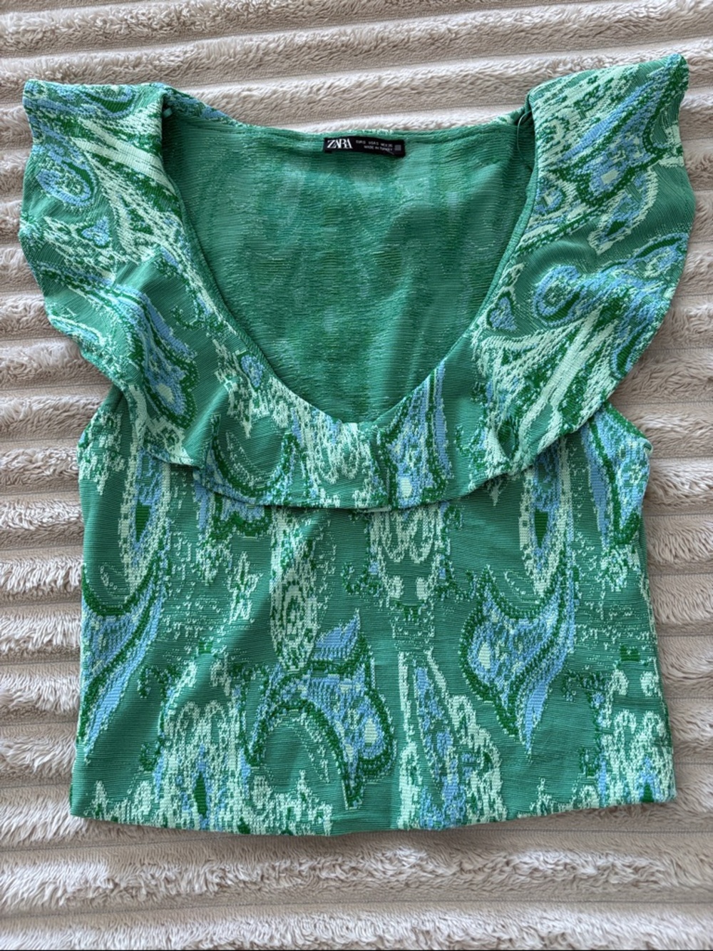 NWOT Zara Green Paisley Ruffle-Trim top